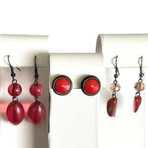Red Acrylic Metal Stone Earrings Set of 3 Fish Hook Stud Post
